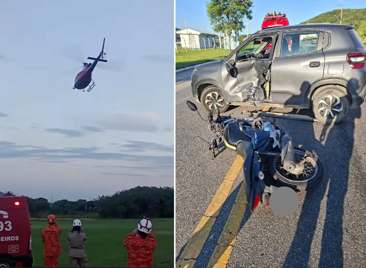 Motociclista é resgatado de helicóptero após acidente na RJ-106